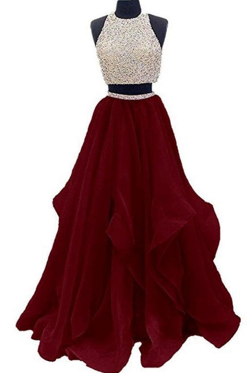 Burgundy Two Piece Floor Length Prom Beaded Open Back Sequin Party Dress - Prom Dresses