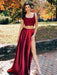 Burgundy Two Pieces Lace Satin Long Prom Dresses with High  Two Pieces Burgundy Formal Dresses, Lace Burgundy Evening Dresses 2019