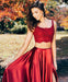Burgundy Two Pieces Lace Satin Long Prom Dresses with High  Two Pieces Burgundy Formal Dresses, Lace Burgundy Evening Dresses 2019