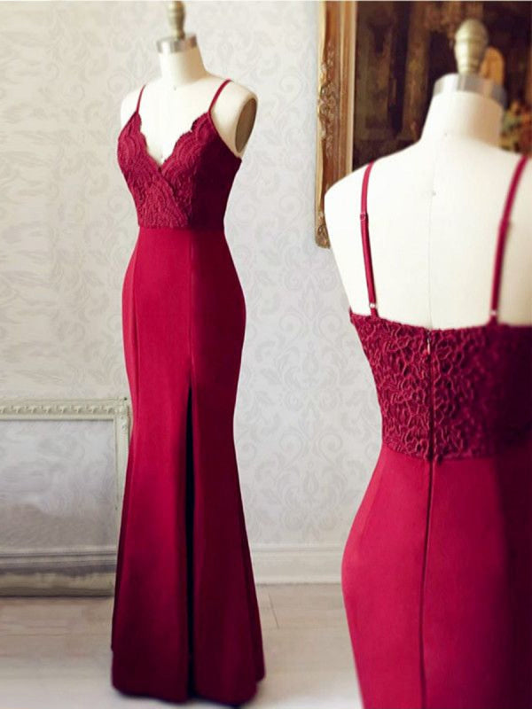 Burgundy v neck lace mermaid long prom dress, full of charm evening dress main image 1