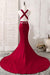 Burgundy V Neck Mermaid Open Back Satin Long Prom Dresses with Sweep Train, V Neck Backless Burgundy Formal Dresses, Burgundy Evening Dresses