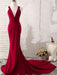 Burgundy V Neck Mermaid Open Back Satin Long Prom Dresses with Sweep Train, V Neck Backless Burgundy Formal Dresses, Burgundy Evening Dresses
