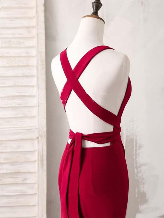 Burgundy V Neck Mermaid Open Back Satin Long Prom Dresses with Sweep Train, V Neck Backless Burgundy Formal Dresses, Burgundy Evening Dresses