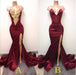 Burgundy V Neck Sleeveless Mermaid Prom with Gold Appliques Long Evening Dress - Prom Dresses