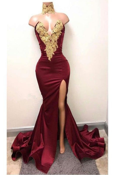 Burgundy V Neck Sleeveless Mermaid Prom with Gold Appliques Long Evening Dress - Prom Dresses