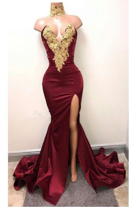 Burgundy V Neck Sleeveless Mermaid Prom with Gold Appliques Long Evening Dress - Prom Dresses