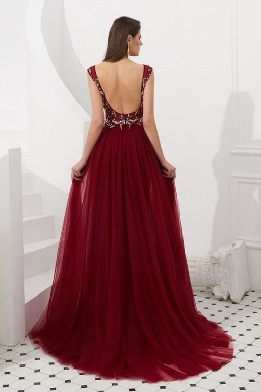 Burgundy V Neck Sleeveless Tulle Long Prom Dress with Beads Crystal - Prom Dresses