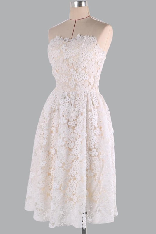 C| Bridelily Floral Lace StraplessTube Flare Women Skater Dress - White / S - lace dresses