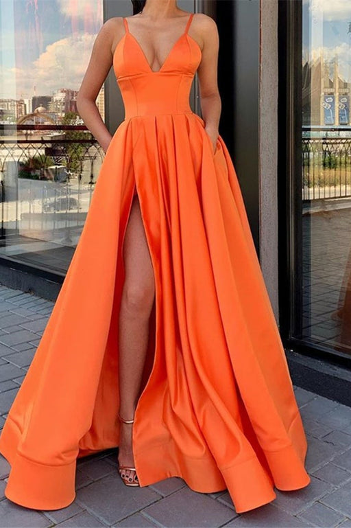 Chic Split Prom Dress with Spaghetti Straps and Pockets