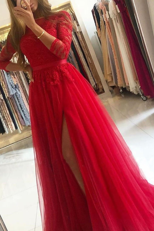 Long Sleeves A-Line Prom Dress with Lace Split