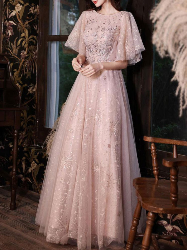 Cameo Brown A-Line Evening Dress Half Sleeves Jewel Neck - Bridelily