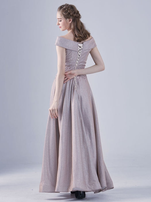 Cameo Brown Evening Dress A-Line Off-The-Shoulder Lace-up Applique Lace Floor-Length Social Party Dresses