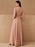 Cameo Brown Evening Dress A-Line V-Neck Long Sleeves Matte Satin Floor-Length Pleated Social Pageant Dresses