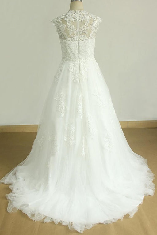 Cap Sleeve Appliques Tulle A-line Wedding Dress - Wedding Dresses