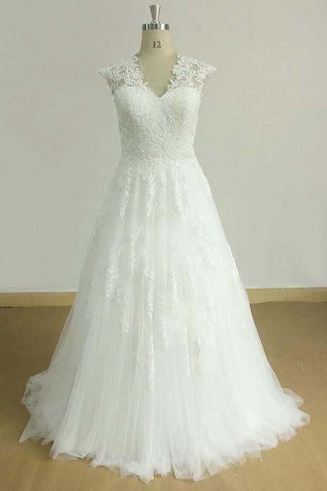 Cap Sleeve Appliques Tulle A-line Wedding Dress - Wedding Dresses