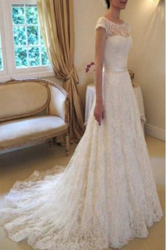 Cap Sleeve Lace Long With Court Train Ivory Beach Wedding Dress - Wedding Dresses