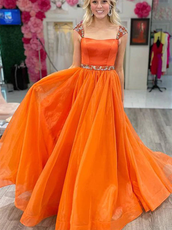 Cap Sleeves Beaded Orange Tulle Long Prom Dresses, Orange Tulle Formal Bridelily Cap Sleeves Beaded Orange Tulle Long Prom Dresses, Orange Tulle Formal Bridelily