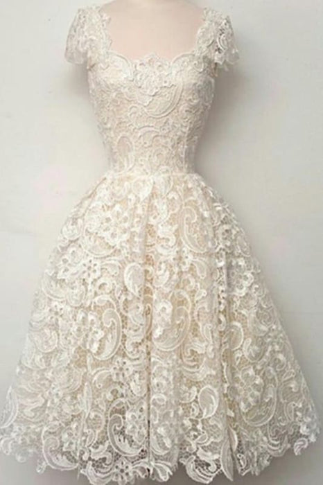 Cap Sleeves Ivory Lace Short Prom Dress Homecoming Dresses - Prom Dresses