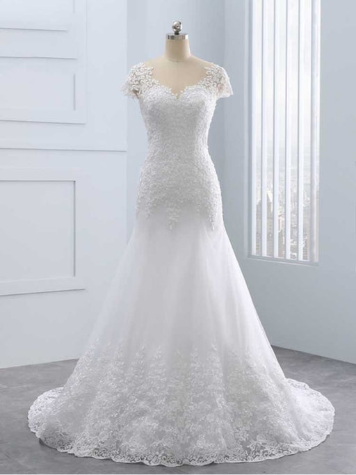 Cap Sleeves Lace Mermaid Tulle Wedding Dresses - White / Floor Length - wedding dresses