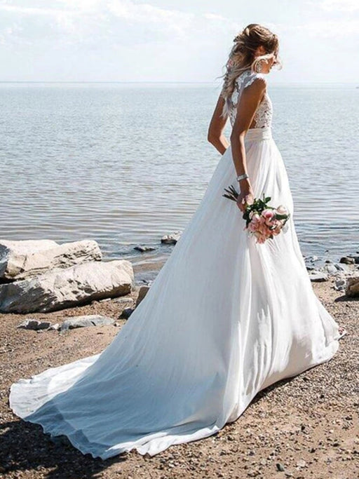 Cap Sleeves Lace Top White Long Wedding Prom Dresses with Slit, Cap Sleeves White Lace Formal Dresses, White Lace Evening Dresses