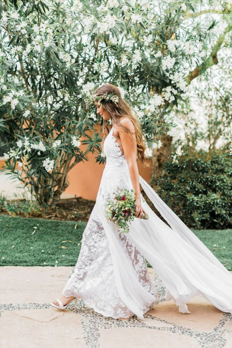 Simple A-line Vintage Lace Bohemian Wedding Dress - Bridelily Simple A-line Vintage Lace Bohemian Wedding Dress - Bridelily