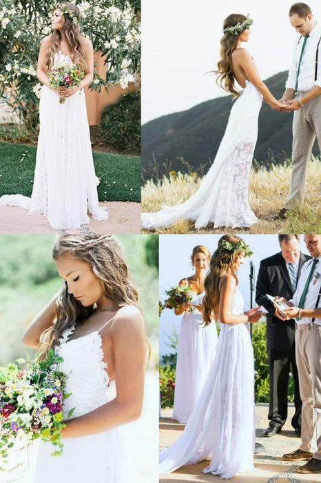 Casual Boho Spaghetti Straps Lace Beach Wedding Dress - Wedding Dresses