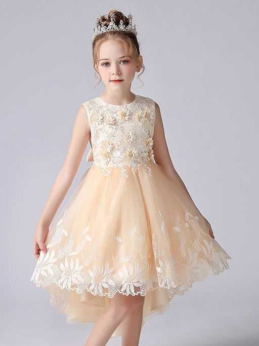 Champagne Color Flower Girl Dresses Jewel Neck Sleeveless Flowers Kids Party Dresses Princess Dress