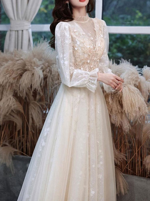 Champagne Evening Dress A-Line Jewel Neck Long Sleeve Lace Sequined Floor-Length Formal Party Dresses
