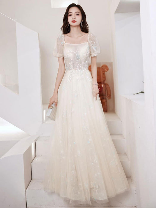 Champagne Evening Dress A-Line Square Neck Half Sleeves Zipper Applique Lace Floor-Length Formal Dinner Dresses