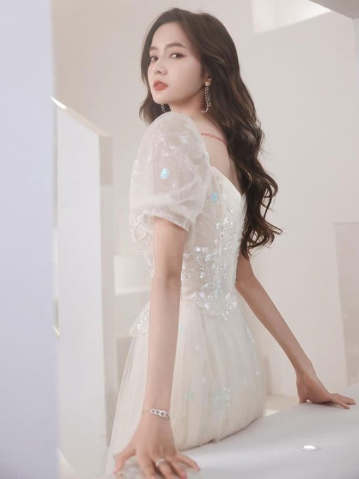 Champagne Evening Dress A-Line Square Neck Half Sleeves Zipper Applique Lace Floor-Length Formal Dinner Dresses