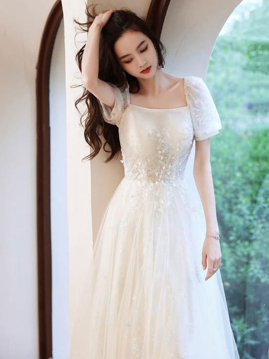 Champagne Evening Dress A-Line Square Neck Half Sleeves Zipper Applique Lace Floor-Length Formal Dinner Dresses