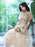 Champagne Evening Dress A-Line Sweetheart Neck Lace Half Sleeves Applique Tea-Length Formal Party Dresses