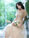 Champagne Evening Dress A-Line Sweetheart Neck Lace Half Sleeves Applique Tea-Length Formal Party Dresses
