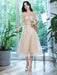 Champagne Evening Dress A-Line Sweetheart Neck Lace Half Sleeves Applique Tea-Length Formal Party Dresses