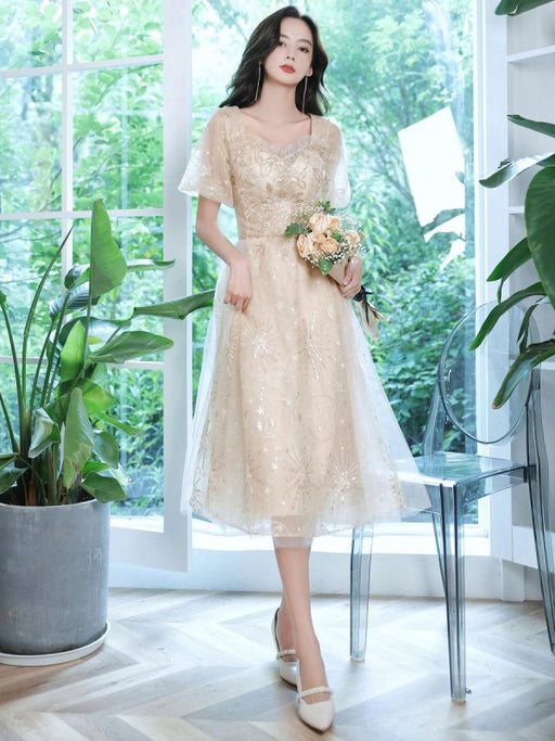 Champagne Evening Dress A-Line Sweetheart Neck Lace Half Sleeves Applique Tea-Length Formal Party Dresses