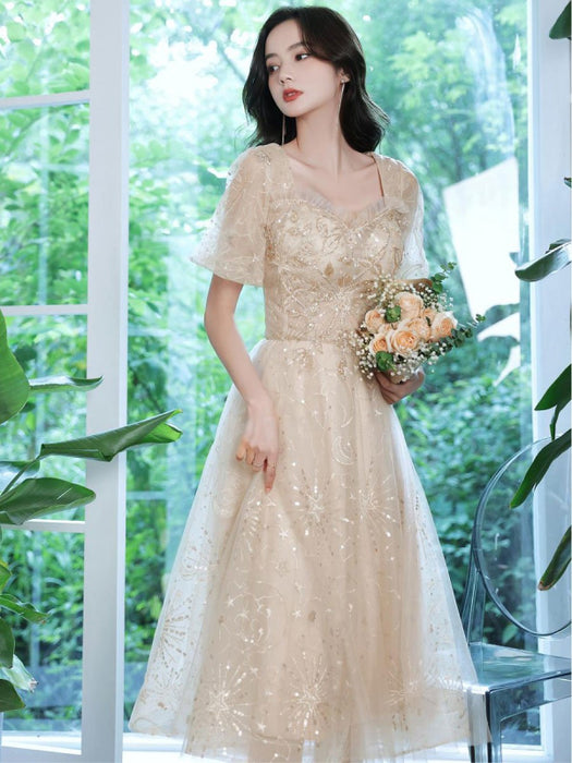 Champagne Evening Dress A-Line Sweetheart Neck Lace Half Sleeves Applique Tea-Length Formal Party Dresses