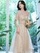 Champagne Evening Dress A-Line Sweetheart Neck Lace Half Sleeves Applique Tea-Length Formal Party Dresses