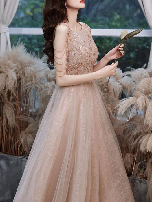 Champagne Evening Dress A-Line V-Neck Sleeveless Lace Up Chains Floor-Length Social Party Dresses