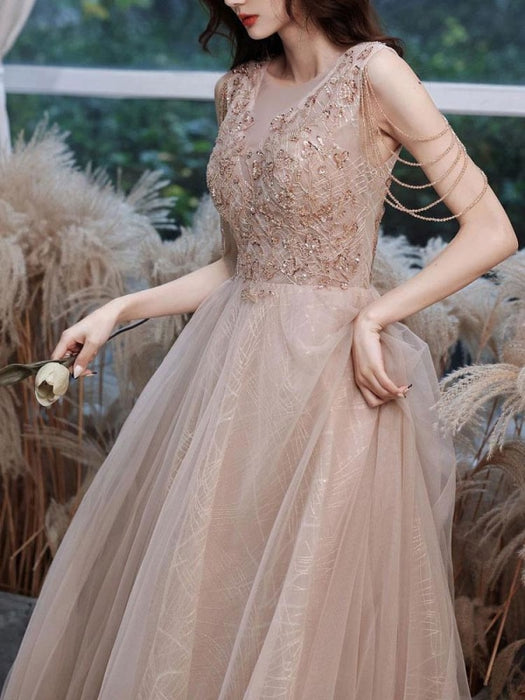 Champagne Evening Dress A-Line V-Neck Sleeveless Lace Up Chains Floor-Length Social Party Dresses