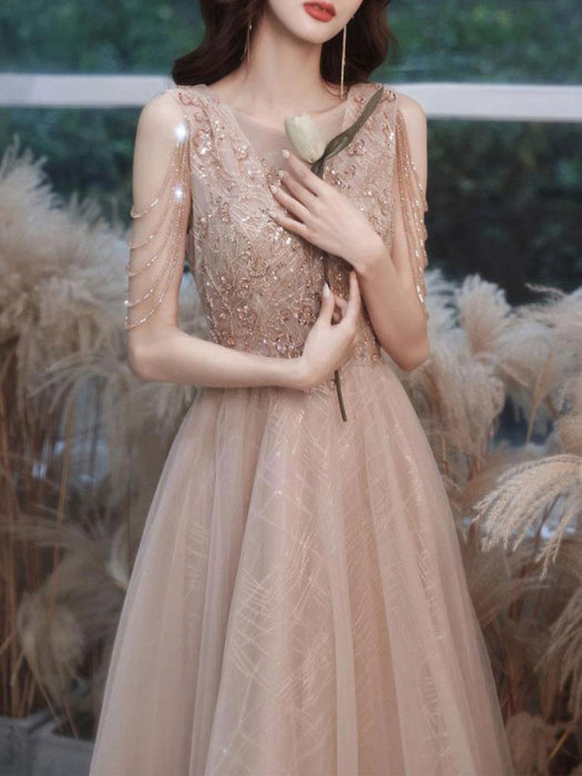 Champagne Evening Dress A-Line V-Neck Sleeveless Lace Up Chains Floor-Length Social Party Dresses