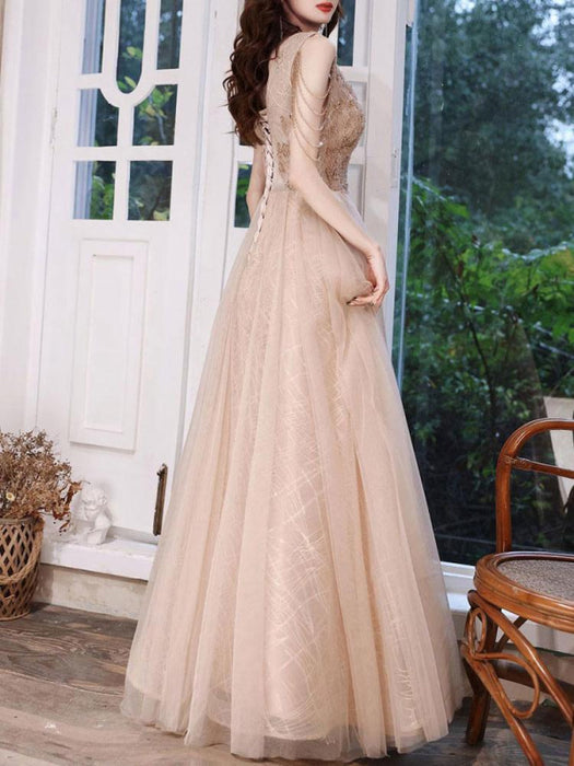 Champagne Evening Dress A-Line V-Neck Sleeveless Lace Up Chains Floor-Length Social Party Dresses