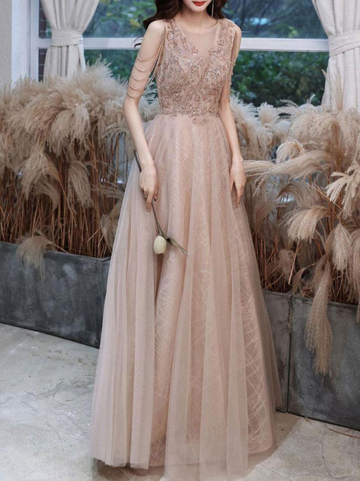 Champagne Evening Dress A-Line V-Neck Sleeveless Lace Up Chains Floor-Length Social Party Dresses