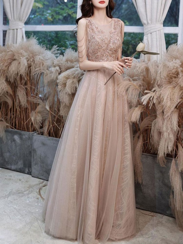 Champagne Evening Dress A-Line V-Neck Sleeveless Lace Up Chains Floor-Length Social Party Dresses