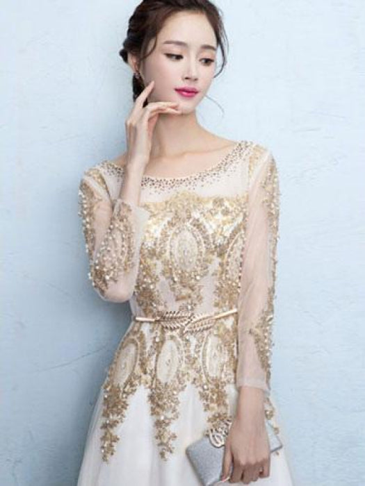 Champagne Evening Dress Lace Beading Long Prom Dress Illusion Long Sleeve A Line Floor Length Formal Dress wedding guest dress Bridelily Champagne Evening Dress Lace Beading Long Prom Dress Illusion Long Sleeve A Line Floor Length Formal Dress wedding guest dress Bridelily