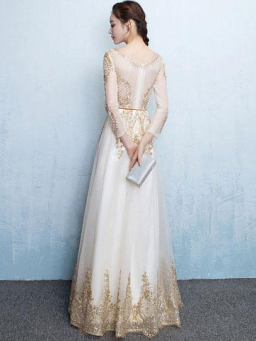 Champagne Evening Dress Lace Beading Long Prom Dress Illusion Long Sleeve A Line Floor Length Formal Dress wedding guest dress Bridelily Champagne Evening Dress Lace Beading Long Prom Dress Illusion Long Sleeve A Line Floor Length Formal Dress wedding guest dress Bridelily