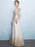 Champagne Evening Dress Lace Beading Long Prom Dress Illusion Long Sleeve A Line Floor Length Formal Dress wedding guest dress