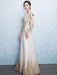 Champagne Evening Dress Lace Beading Long Prom Dress Illusion Long Sleeve A Line Floor Length Formal Dress wedding guest dress
