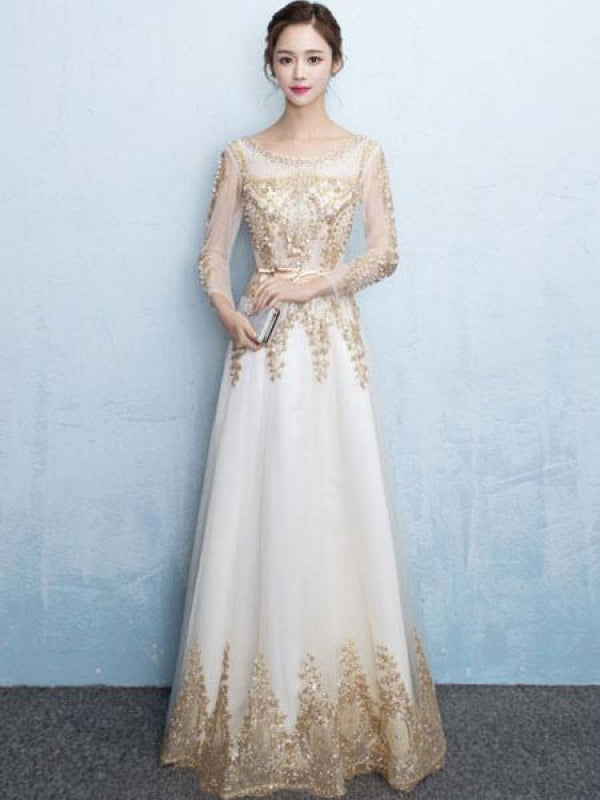 slim fit dress slacks Long Sleeve Beaded Prom Dress: Dancing Queen 4479 Champagne / XSmall main image 1