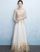 Champagne Evening Dress Lace Beading Long Prom Dress Illusion Long Sleeve A Line Floor Length Formal Dress wedding guest dress