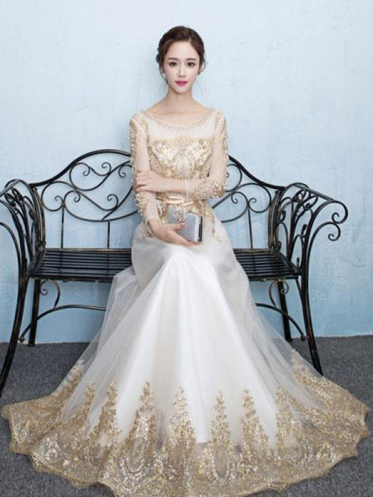 Champagne Evening Dress Lace Beading Long Prom Dress Illusion Long Sleeve A Line Floor Length Formal Dress wedding guest dress Bridelily Champagne Evening Dress Lace Beading Long Prom Dress Illusion Long Sleeve A Line Floor Length Formal Dress wedding guest dress Bridelily